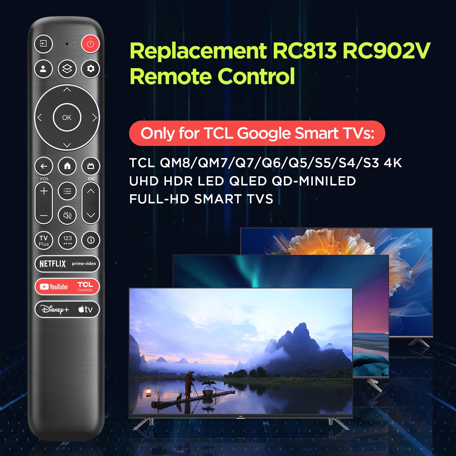 Zamienny podświetlany pilot zdalnego sterowania do TCL Google Smart TV, RC813 kompatybilny z telewizorami TCL QM8/QM7/S5/S4/S3/Q7/Q6/Q5 4K UHD HDR LED QLED QD-MiniLED Full-HD Smart TV (z