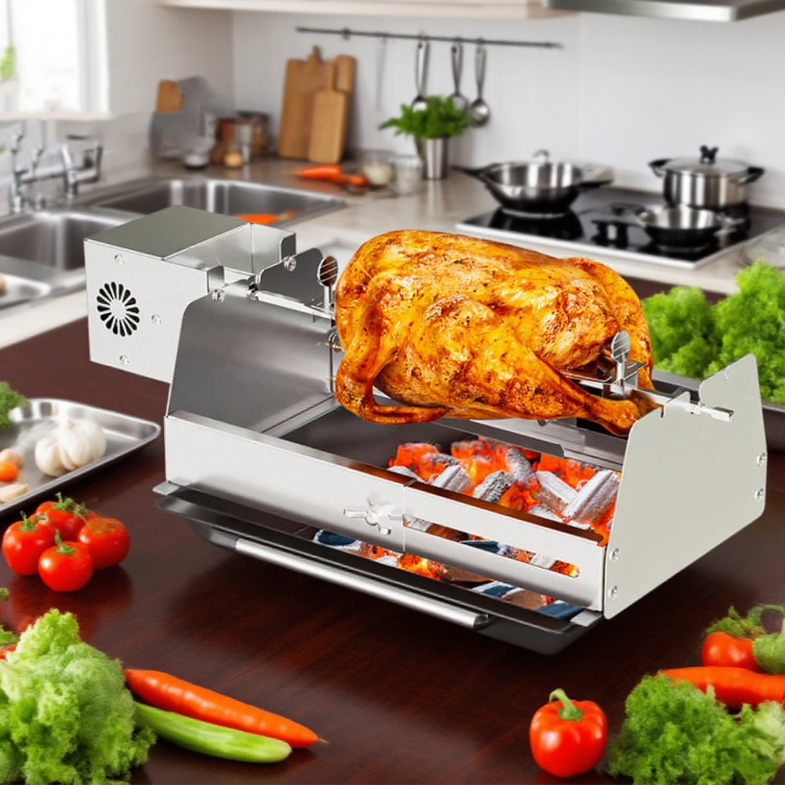 Barbacoa Giratoria Automática Tenedor de Pollo Tipo C Puerto de Carga Pincho para Grill Barbacoas Barbacoa, Pollo Asado