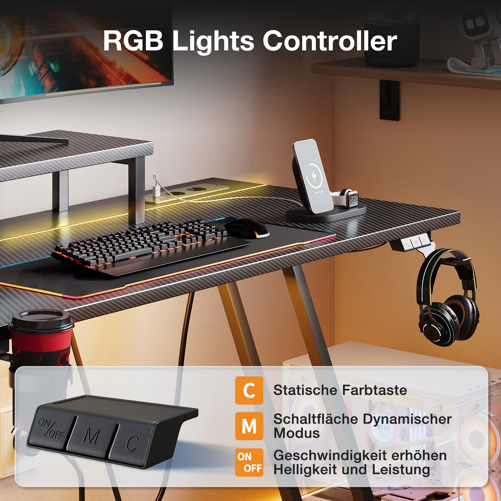 ODK Bureau Gaming avec Support pour Moniteur, Bureau d'angle Gaming en L pour Gamer Noir 127x127cm