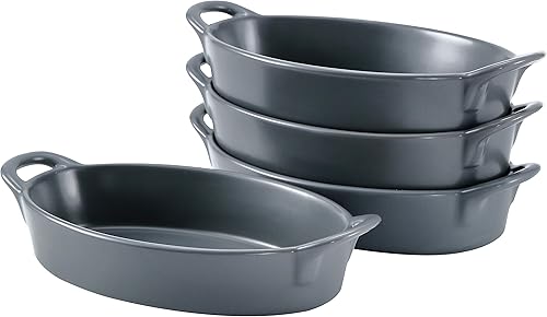 Bruntmor Juego de 4 moldes ovalados de cerámica de porcelana de 8 x 5 pulgadas, platos para hornear gratinados de doble asa, aptos para horno, para
