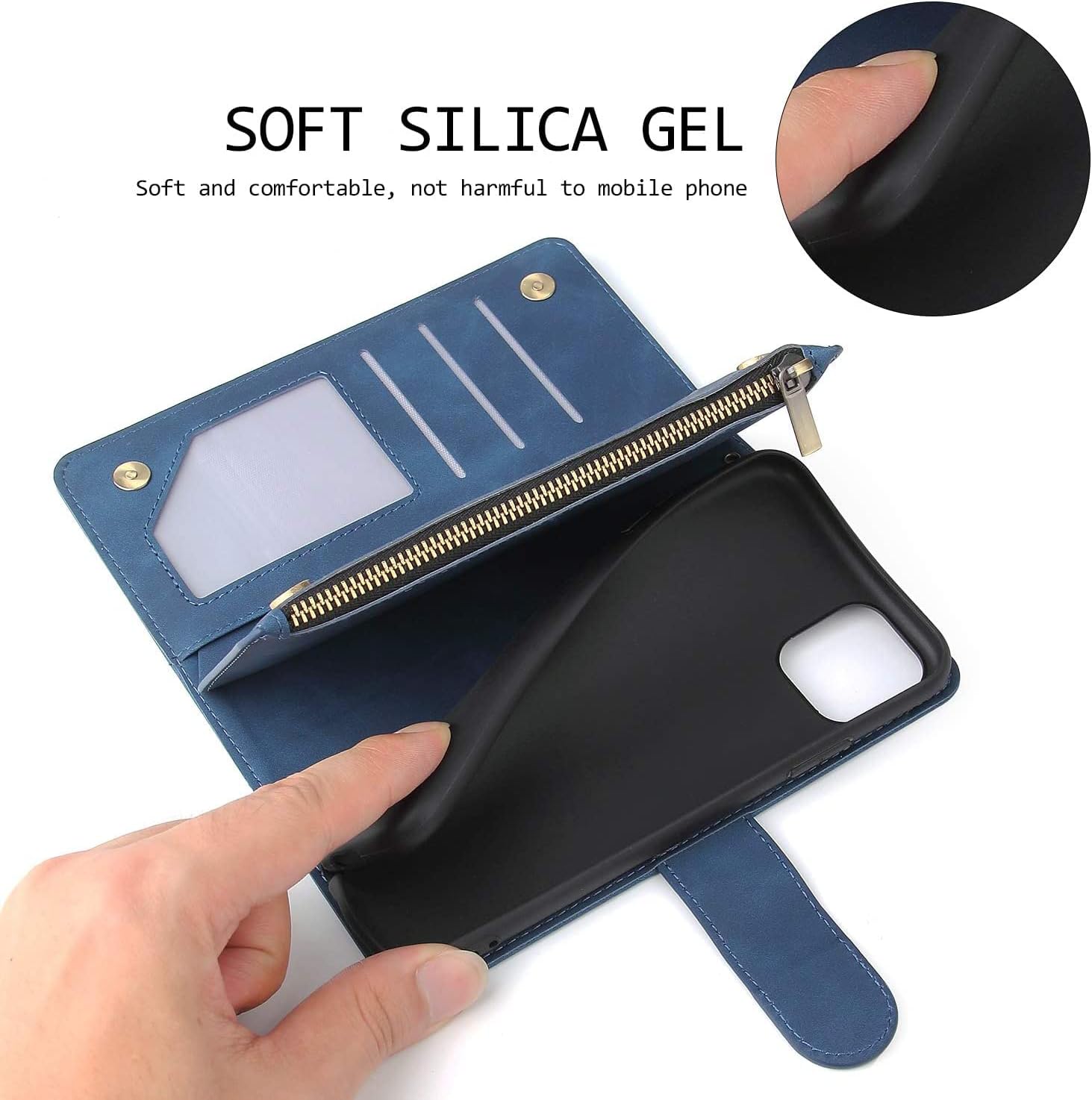 QLTYPRI Wallet Case for iPhone 16e, Premium Vintage PU Leather Zipper Pocket Case with Card Holder Slots Magnetic Closure Kickstand Wrist Strap Shockproof Flip Folio Cover - Blue - Image 6