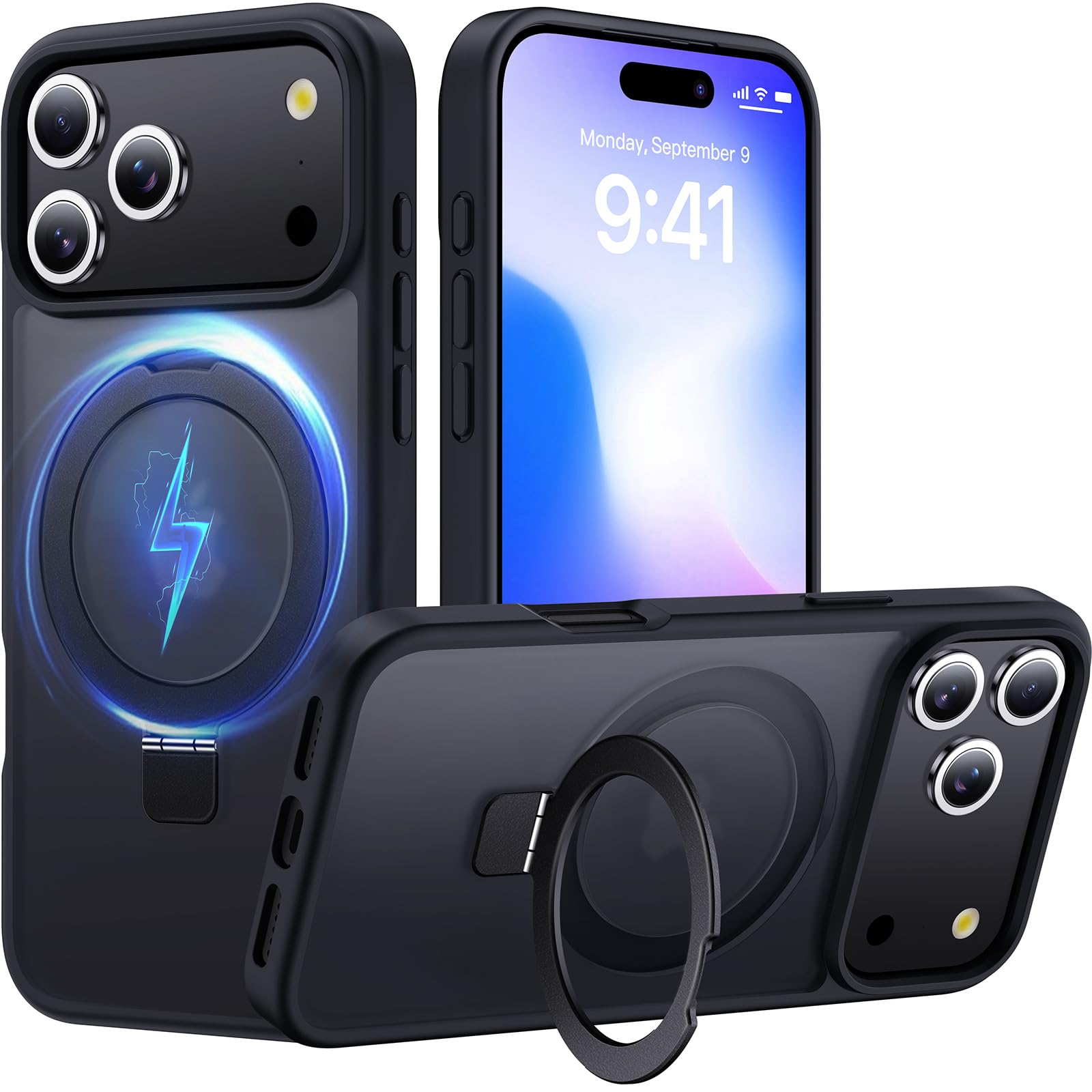 Aunote 対応 iPhone17pro ケース【横縦両立しスタンド】米軍MIL規格 MagSafe対応 半透明マット 高耐久性 指紋防止 耐衝撃 強磁力リング スマホケース Phone17pro 用 ケース ブラック