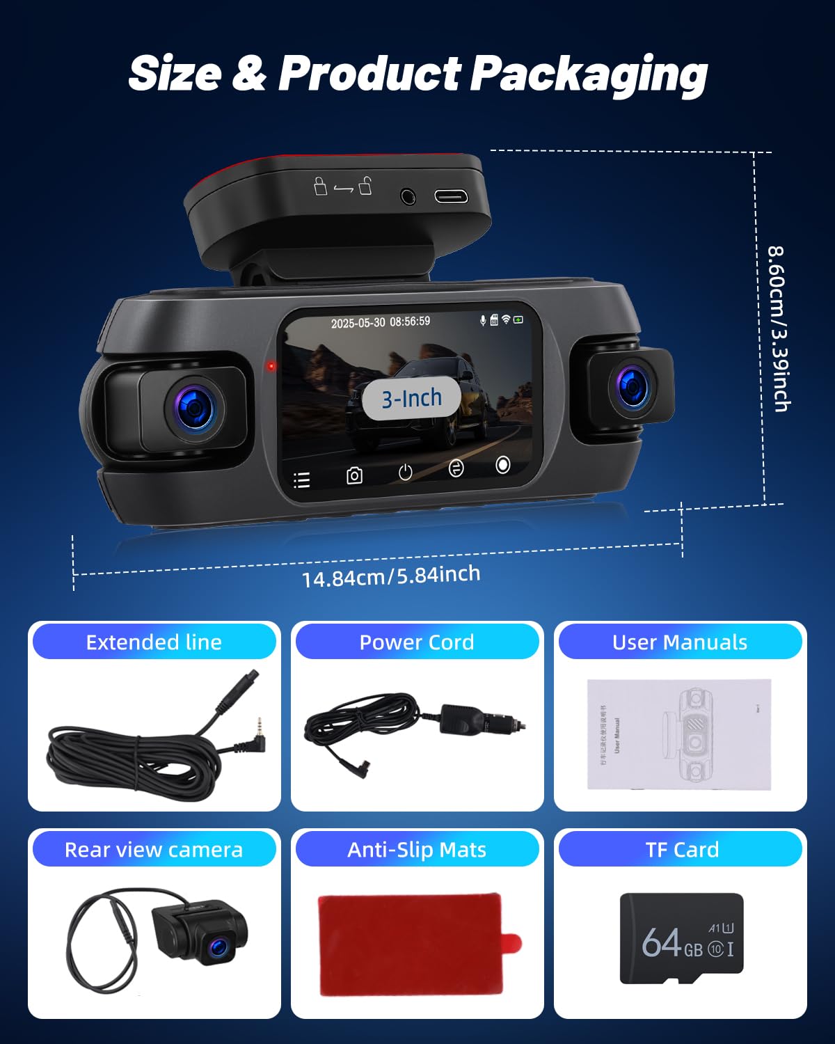 NHOPEEW Cámara Frontal y Trasera de 4 Canales para automóviles con Pantalla de 3,16 Pulgadas - Cámara de salpicadero con visión Nocturna 360° 8R, grabación en Bucle y detección de Movimiento