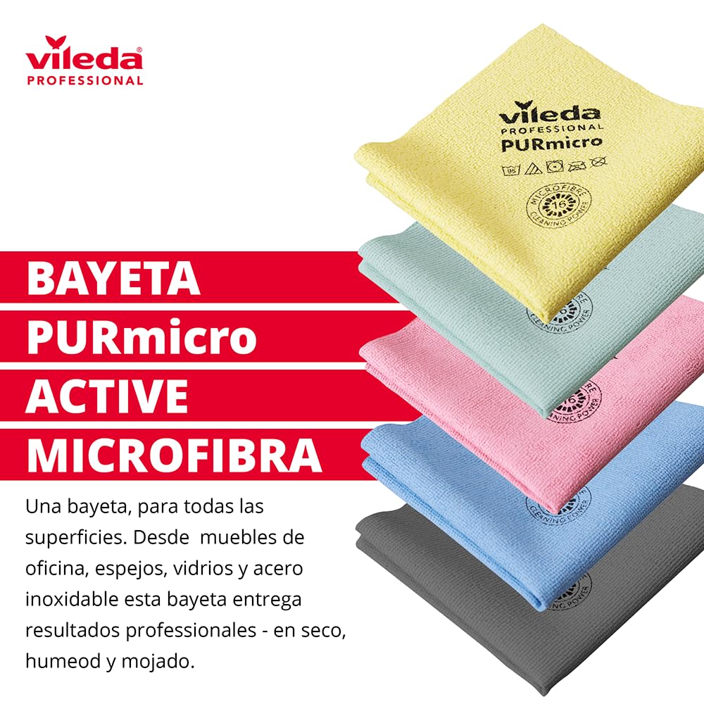 Vileda Professional, Bayeta PurMicro Active, Multicolor, Microfibra, Recubrimiento Pur, Superficies Lisas, INOX y Vidrio, Alta absorción, Secado sin rastros, 38x35cm - 2