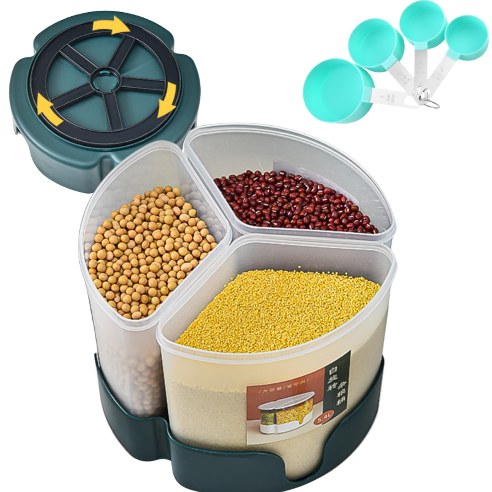 Distributeurs rotatifs de riz et de céréales de 7,7 L, 3 grilles avec tasse à mesurer, récipients de stockage de céréales, distributeurs de céréales rotatifs à 360 °, distributeurs de céréales