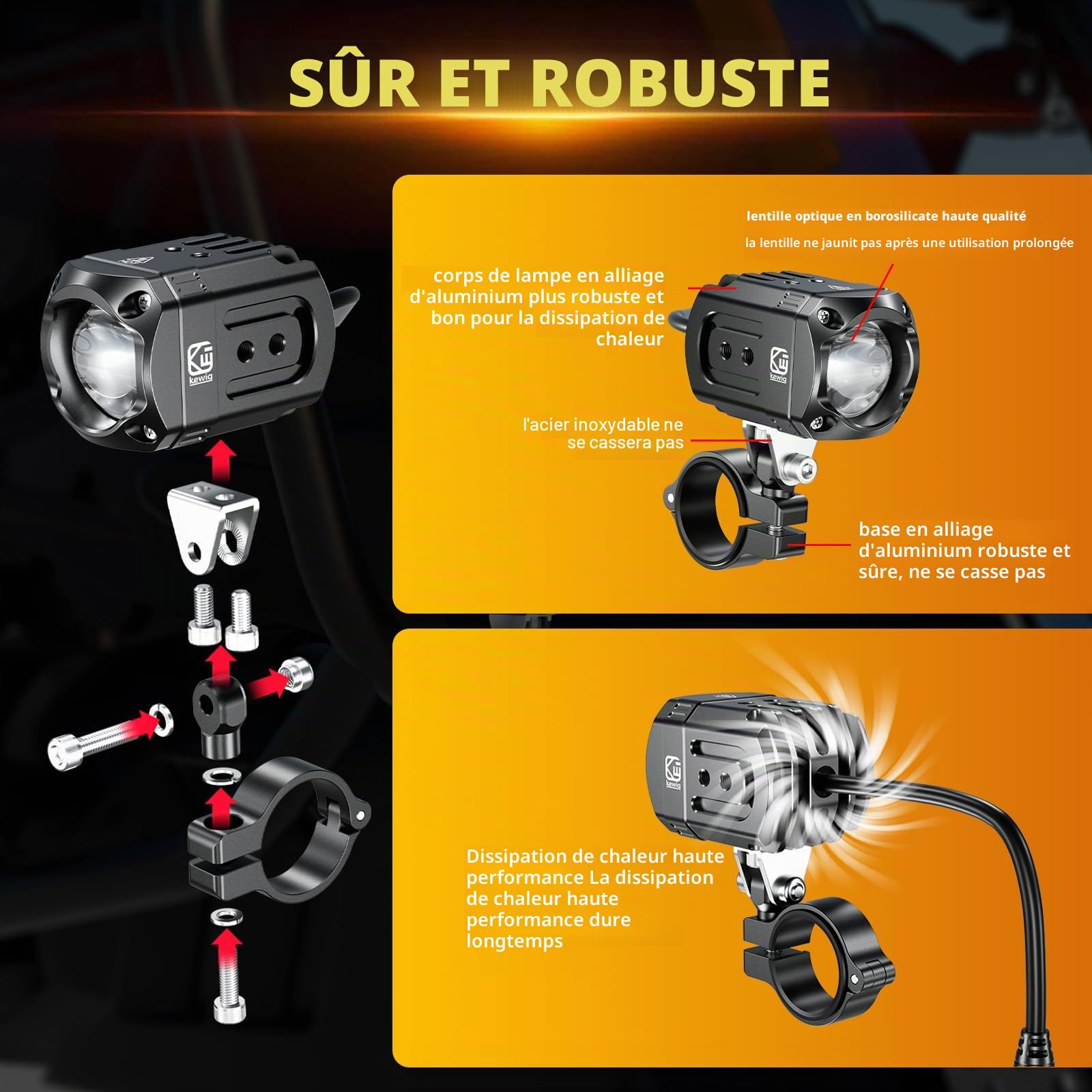 Kewig Éclairage supplémentaire LED pour moto, 60 W, ambre/jaune blanc, phares auxiliaires bicolores, phares antibrouillard avec faisceau de câbles, phares de travail tout-terrain, compatible avec
