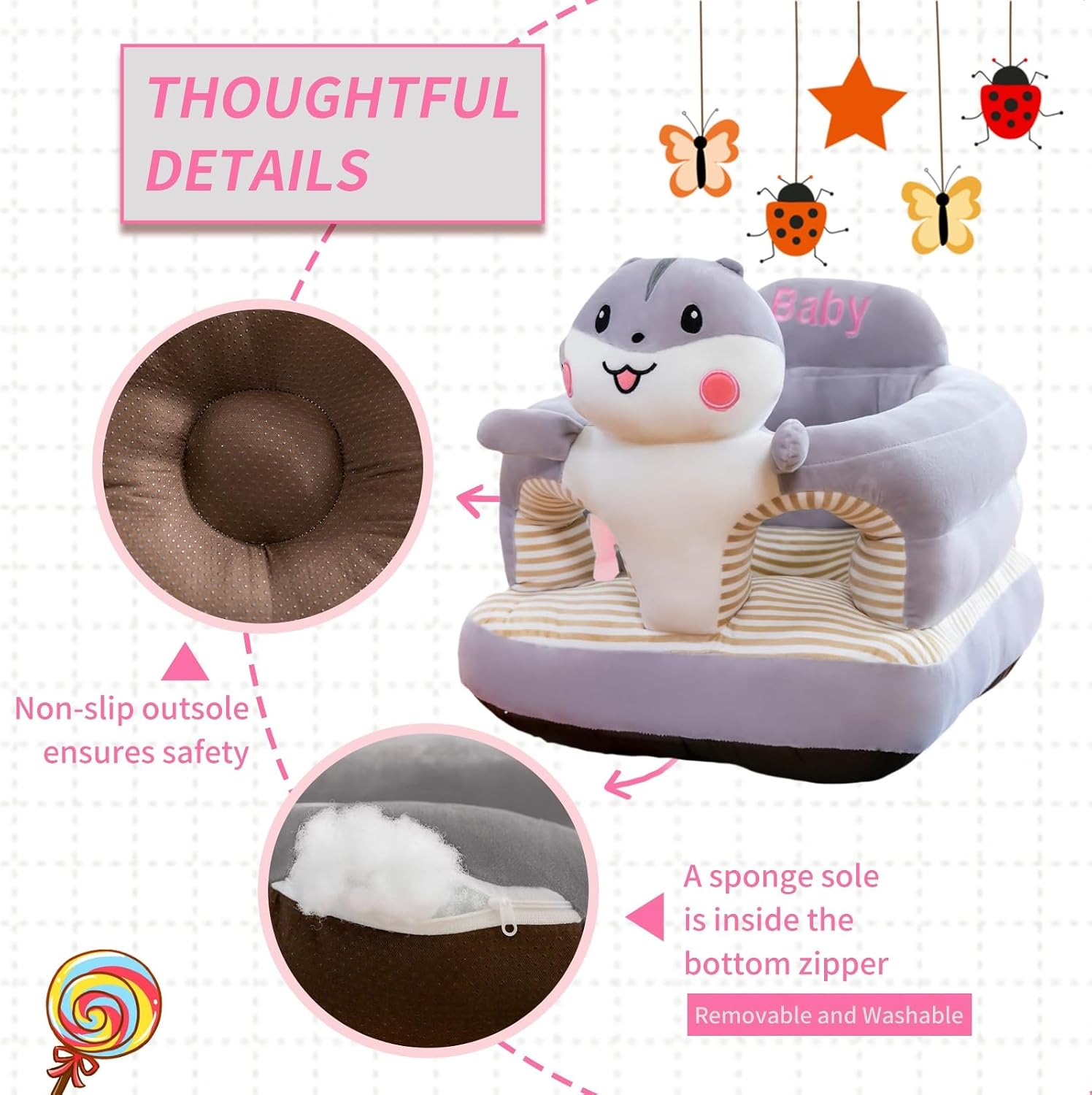 Baby Support Seat, Cute Baby Sofa Chair for Sitting Up, Comfy Plush Infant Seats (Hamster,W17.5 x H17.5)