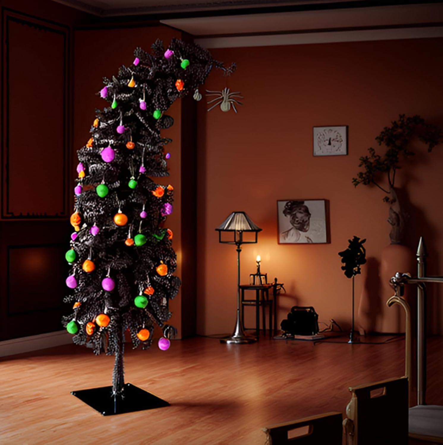 Holiday Decor Bundle: 5ft Prelit Black Tinsel Tree (100 Orange LEDs, 278 Tips, Spider Ornament, Metal Stand) + 30ct 1.18-2.36" Multicolor Shatterproof Balls (3 Sets) for Mini Tree, Decor