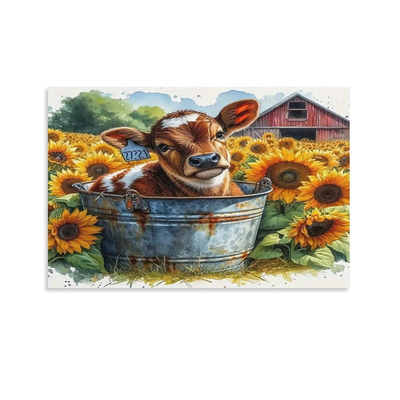 CPLVKWRQJ Cute Calf in Bucket Single Piece Calf Metal Bucket Sunflower Barn Framed Wall Art - Living Room Gallery Wall Focal Point Ready to Hang Decor 24x36inch(60x90cm)