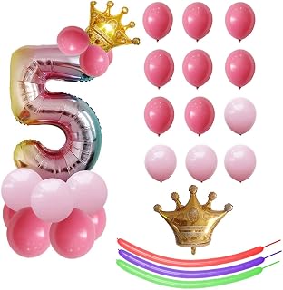 Number 5 Balloon, Rainbow Gradient Aluminum Foil Balloon Crown Balloon Combination, Used for Window Dressing, Anniversary Events and Graduation Decoration