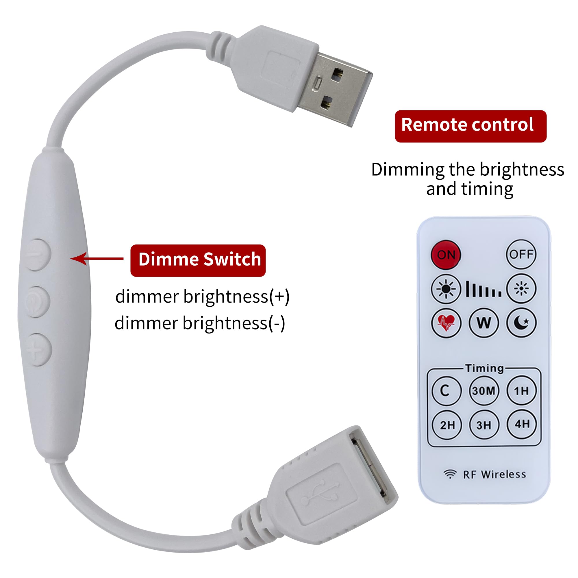 Clearhill USB Male and Female Dimmer Switch with The Remote Control 2Packs,6-Speed Dimming,ON-Off Function,Stepless Dimming,2A Current,22AWG Wire,60s delay Off,for 5V Single Color Led Lights(White) - Image 4