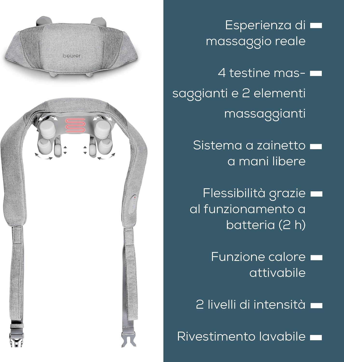 Beurer MG 154 Massaggiatore da Collo Ricaricabile con Funzione Calore, per Spalle e Nuca, Funzionamento Senza Fili fino a 2 Ore, 6 Testine e simulazione manuale, 2 Livelli di Intensità, Lavabile