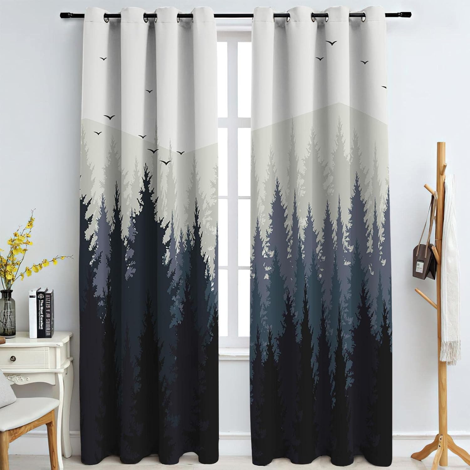 Abstract Misty Forest Mountains Blackout Curtains for Bedroom, Modern 3D Printed Window Treatments, 2 Panels Polyester Privacy Grommet Drapes for Living Room Kitchen Apartment (52" W x 84" L)