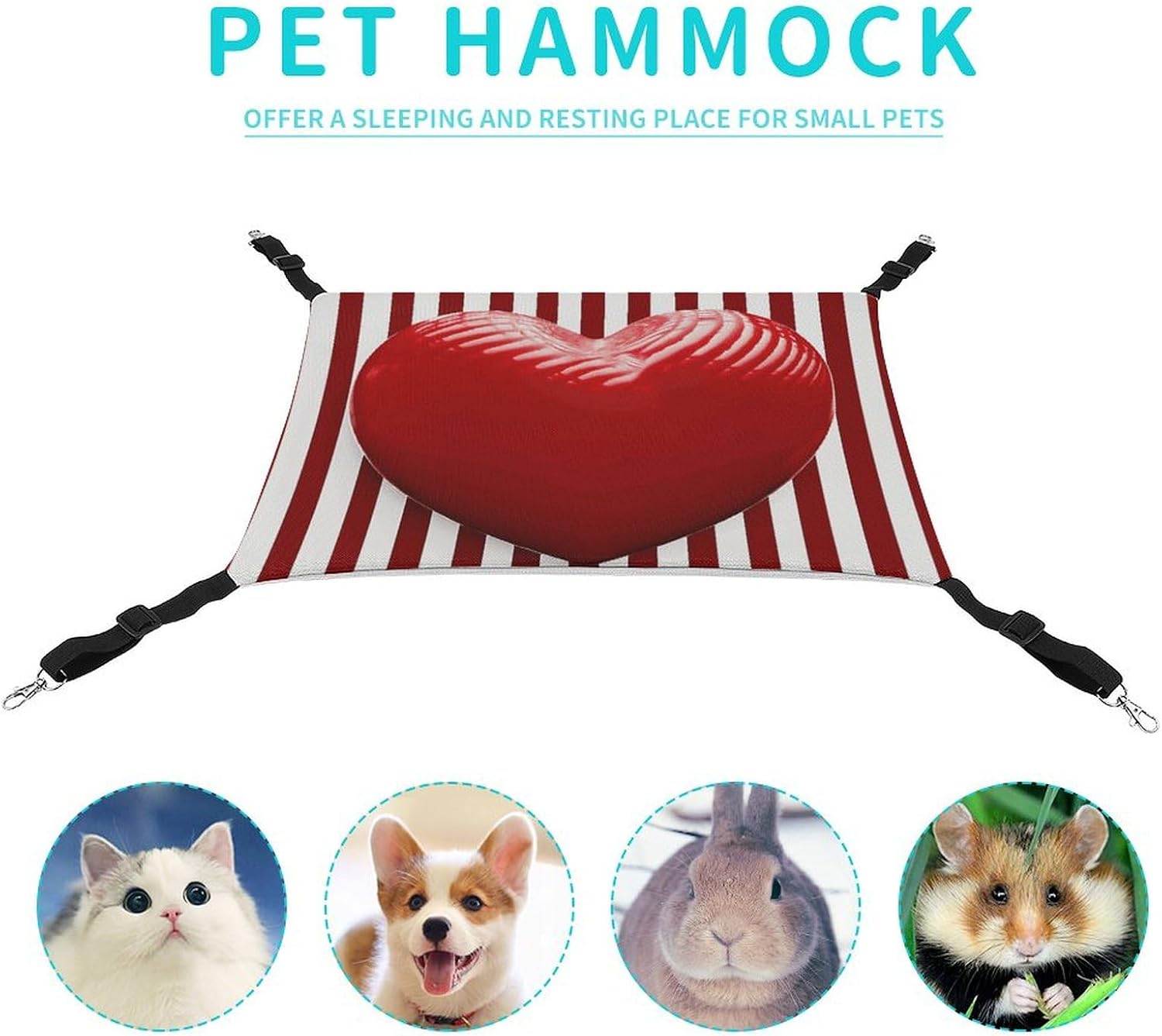 review Hanging Pet Hammock, Red and White Striped Heart Printed Soft Breathable Pet Hammock with Adjustable Straps and Metal Hooks for Cats Small Dogs Rabbits Sugar Gliders