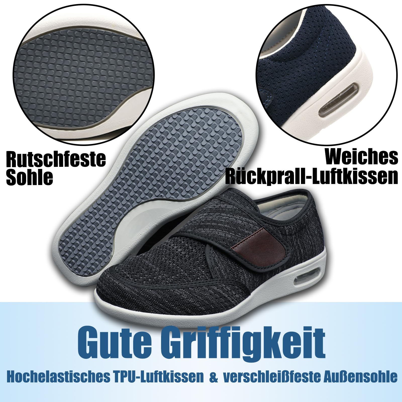 Chaussures diabétiques pour Hommes, en Tissu Eté Scratch Réglable Orthopédique Viscoélastique pour Oedème Gonflé Pied Large Orteil Ouvert Elargissement,Black Gray,48 EU