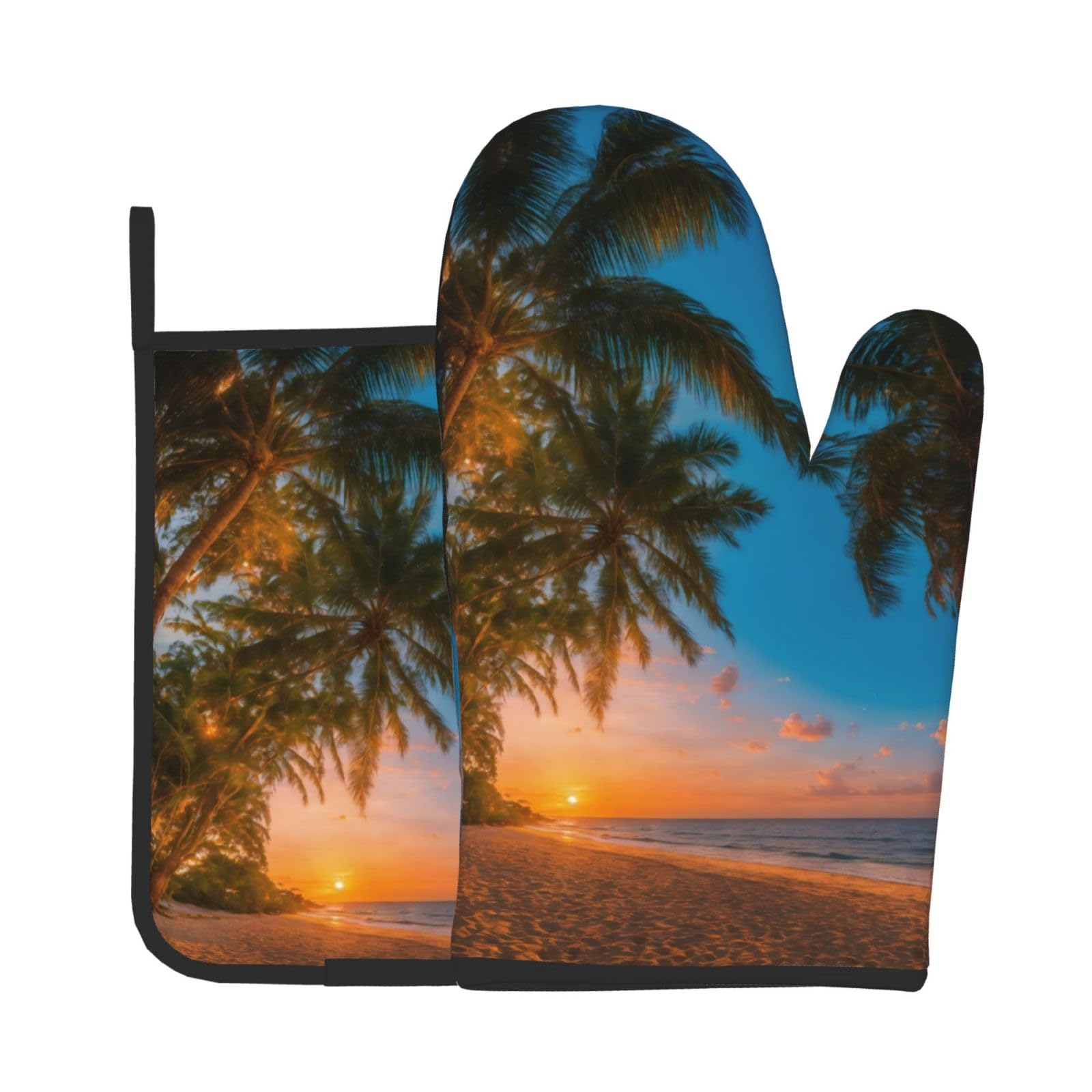 Sunset Hawaiian Palm Tree Kitchen Baking Two-Piece Set,Multipurpose Oven Gloves,Used for Barbecue Kitchen Baking