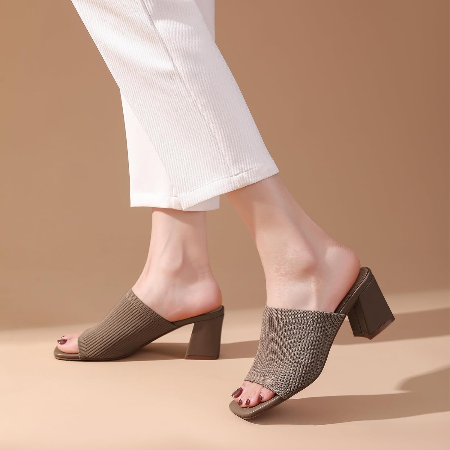 Tilocow Knit Heeled Sandals for Women, Square Open Toe Heels Sandals, Chunky Block Low Heel Slip On Mules - Image 2