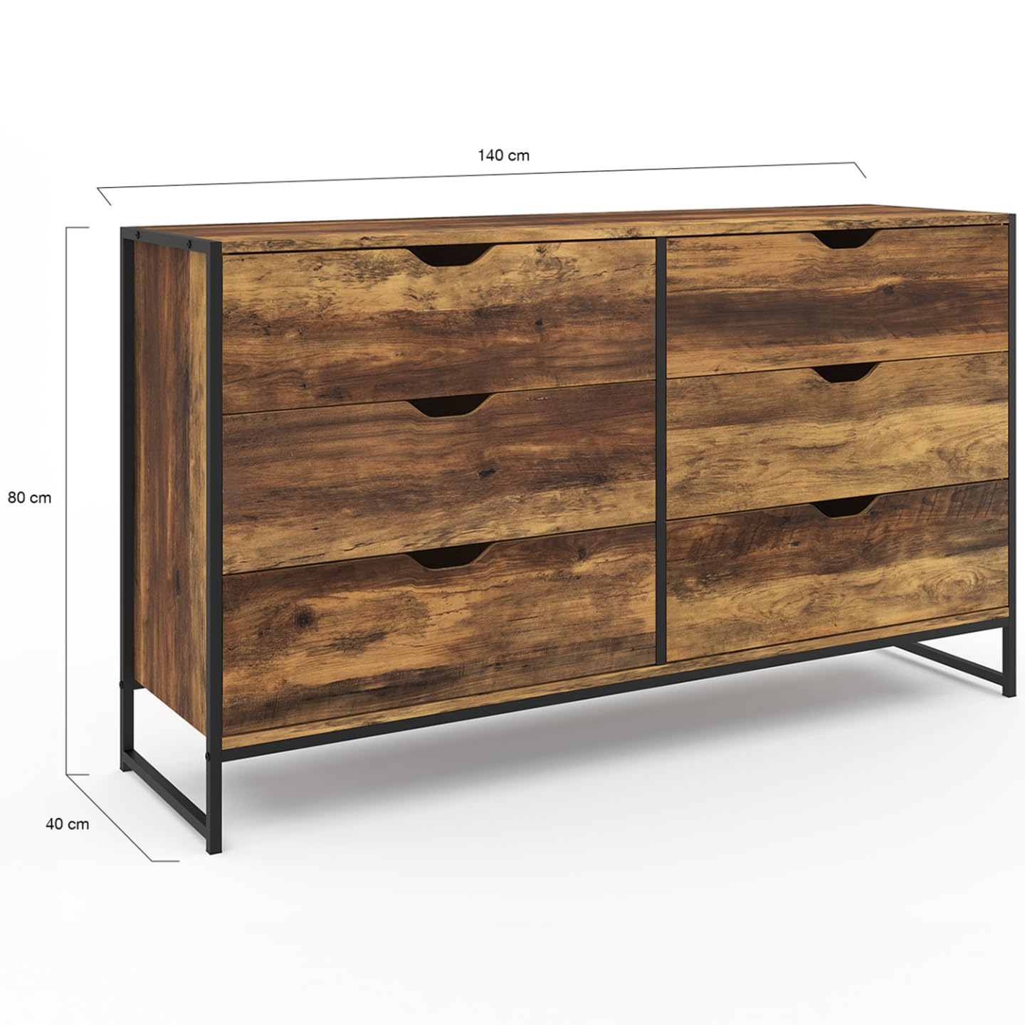 IDMarket Anrichte Detroit 4 Türen – 140x40x80 Cm, Industriedesign, Mit Nische Und Verstellbaren Regalen