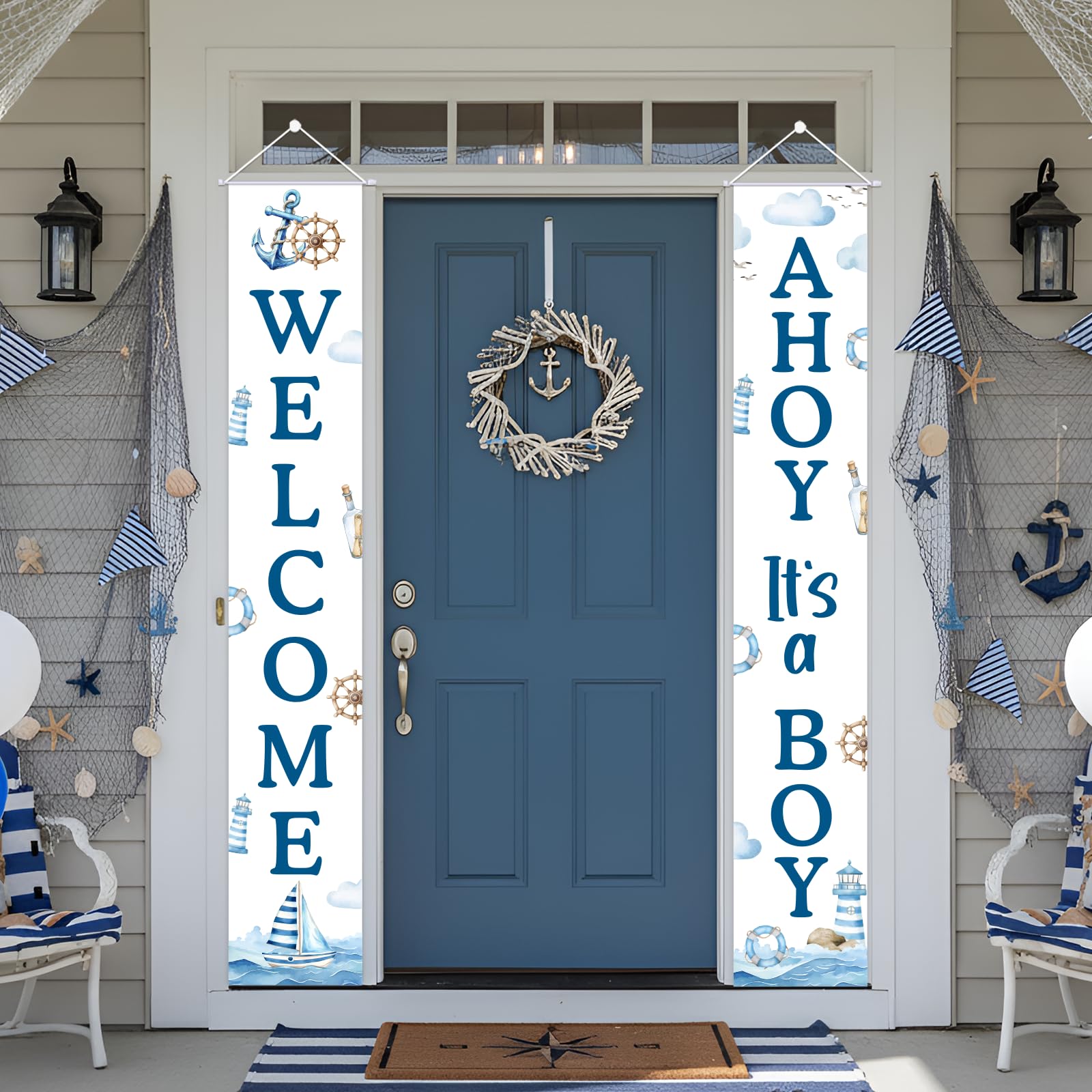 Kreatwow Ahoy It’s a Boy Baby Shower Decorations for Boy Nautical Baby Shower Banner Watercolor Blue Polyester Nautical Baby Shower Door Sign with Anchor Lighthouse Sailboat for Party Entryway
