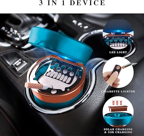 Miniatura 21 de Cenicero de automóvil, cenicero automático, encendedor electrónico de cigarrillos desmontable, alimentado por energía solar/recargable por USB