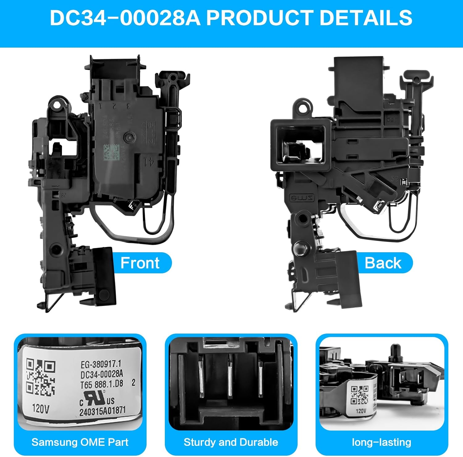 DC34-00028A Washer Switch Door Lock Fit for Samsung Washing Machine OEM Parts Replace PS12740237 DC34-00028A Door Lock Latch for Samsung WF45A6400AV/US WF45R6300AC - Image 2