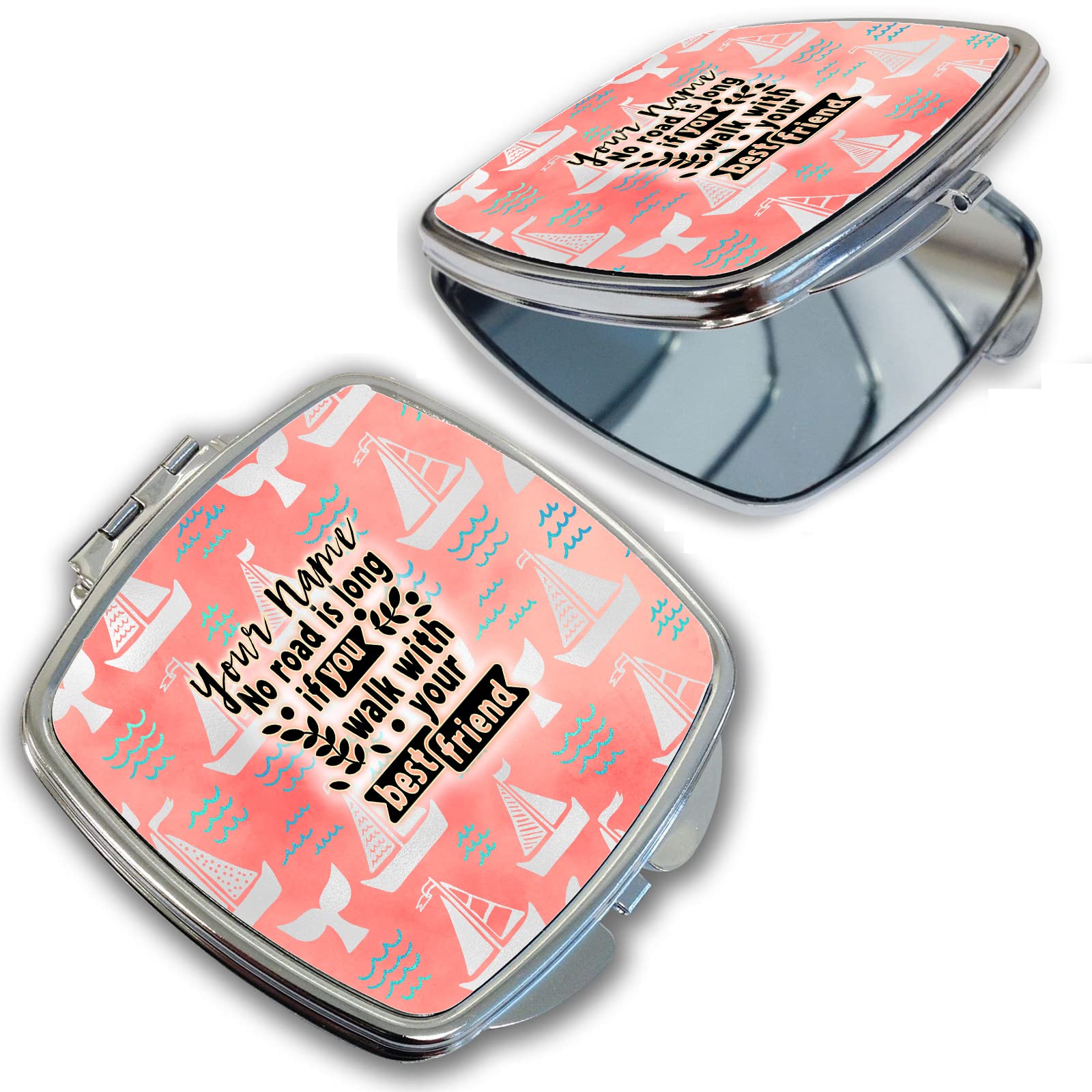 Bleu Reign Compact Personalized Pocket Mirror Custom Name Pink Sailboats Walk with Your Best Friend