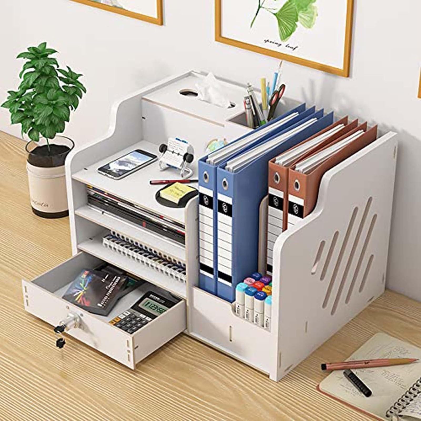 Schreibtisch-Organizer Aus Holz Mit Schublade, Geräumiger Ablagekorb Für Dokumente Und Papier (A4), DIY-Aufbewahrungsbox Für Büromaterialien, Bücherregal Für Zuhause(White)