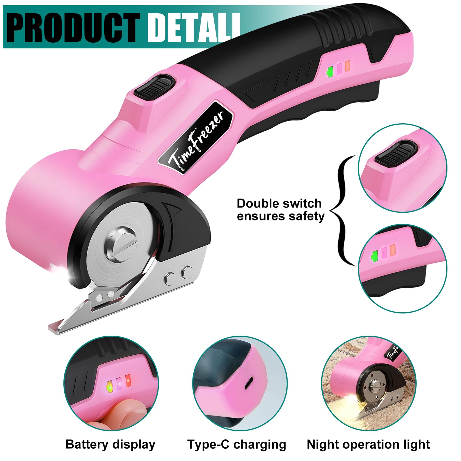 Cortador de cartón eléctrico, ancho 3,3 cm, longitud 23 cm, tijeras de cartón recargables adecuadas para parper, caja, cuero, tela, alfombra, ampolla de plástico, bloqueo de seguridad y luz LED (rosa)