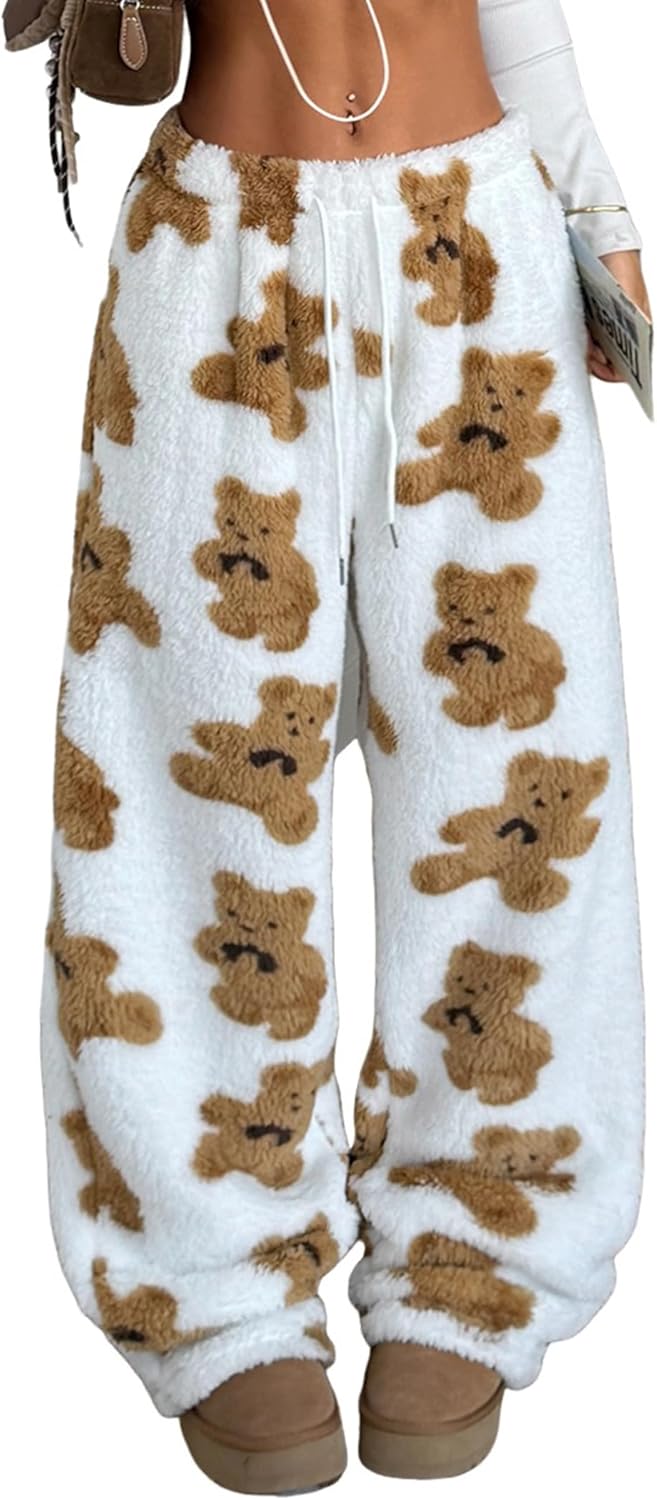 ZAFUL Women's Fuzzy Plush Pajama Pants Drawstring Elastic Waist Wide Leg Teddy Pj Bottoms Lounge Pants