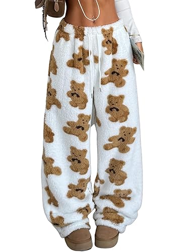 ZAFUL Women's Fuzzy Plush Pajama Pants Drawstring Elastic Waist Wide Leg Teddy Pj Bottoms Lounge Pants - 0-white Bear - Medium