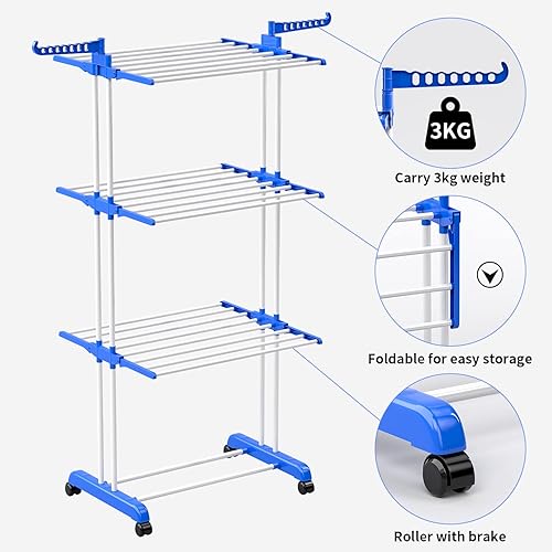 Miniatura 2 de Tendedero grande de ropa de 4 niveles con 67 pulgadas de alto x 19 pulgadas de ancho x 30 pulgadas de largo, tendedero de ropa móvil con ruedas para