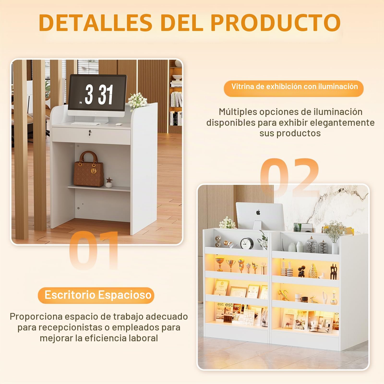 Mostrador de Recepción con Iluminación LED y Estante Expositor, Mesa de Mostrador con Cerradura y 4 Estantes, Pequeño Mostrador de Recepción para Oficina, Tienda, Salón, 95 x 60 x 60 cm, Blanco