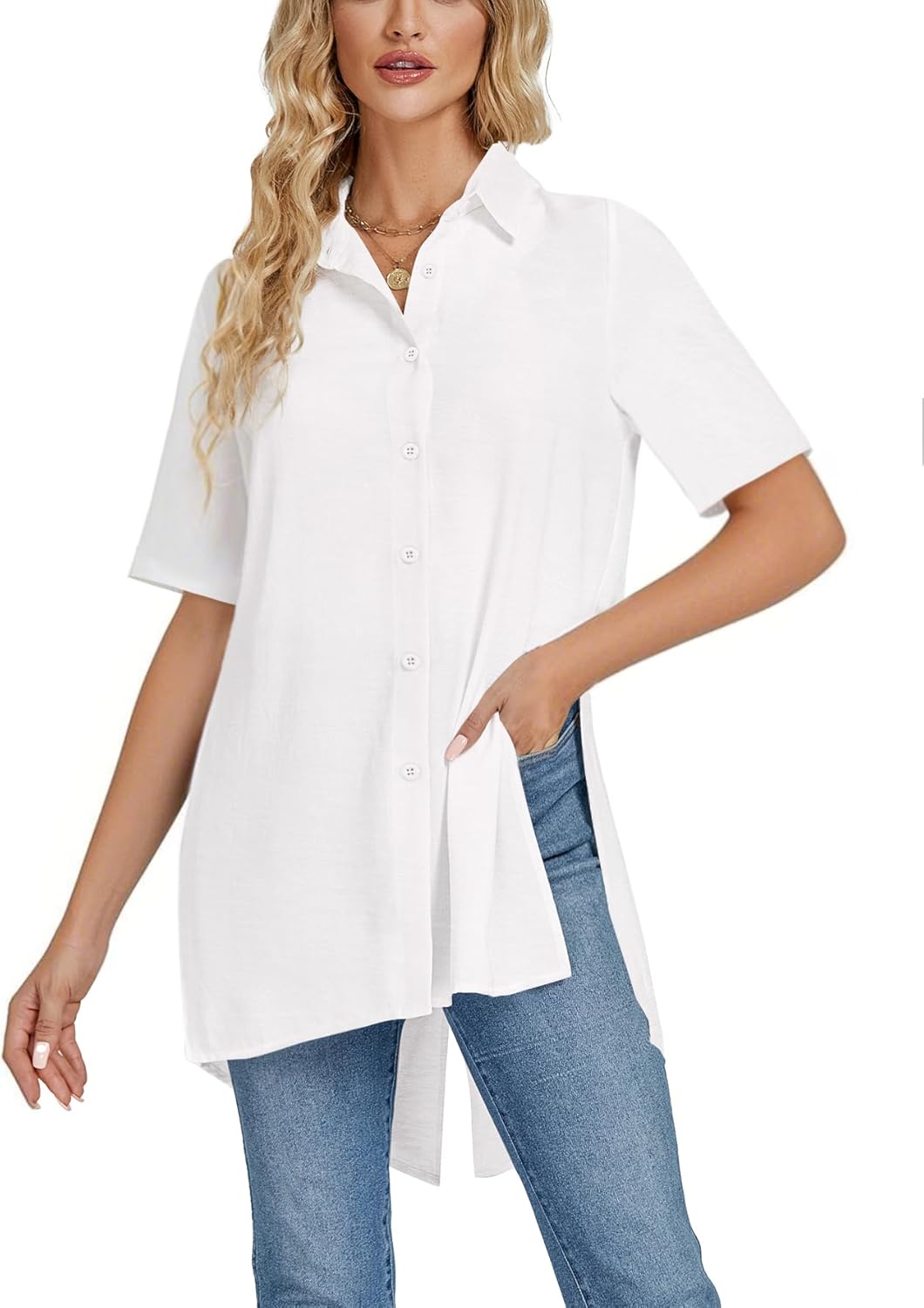LYANER Women's Collar V Neck Split Hem Button Down Short Sleeve Long Shirt Blouse Tunic Top White Medium - Image 3