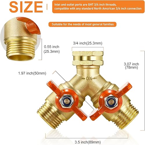 Miniatura 5 de IPOW Divisor de manguera de jardín de flujo completo mejorado con mango de acero inoxidable, latón resistente de 2 vías, divisor de manguera de