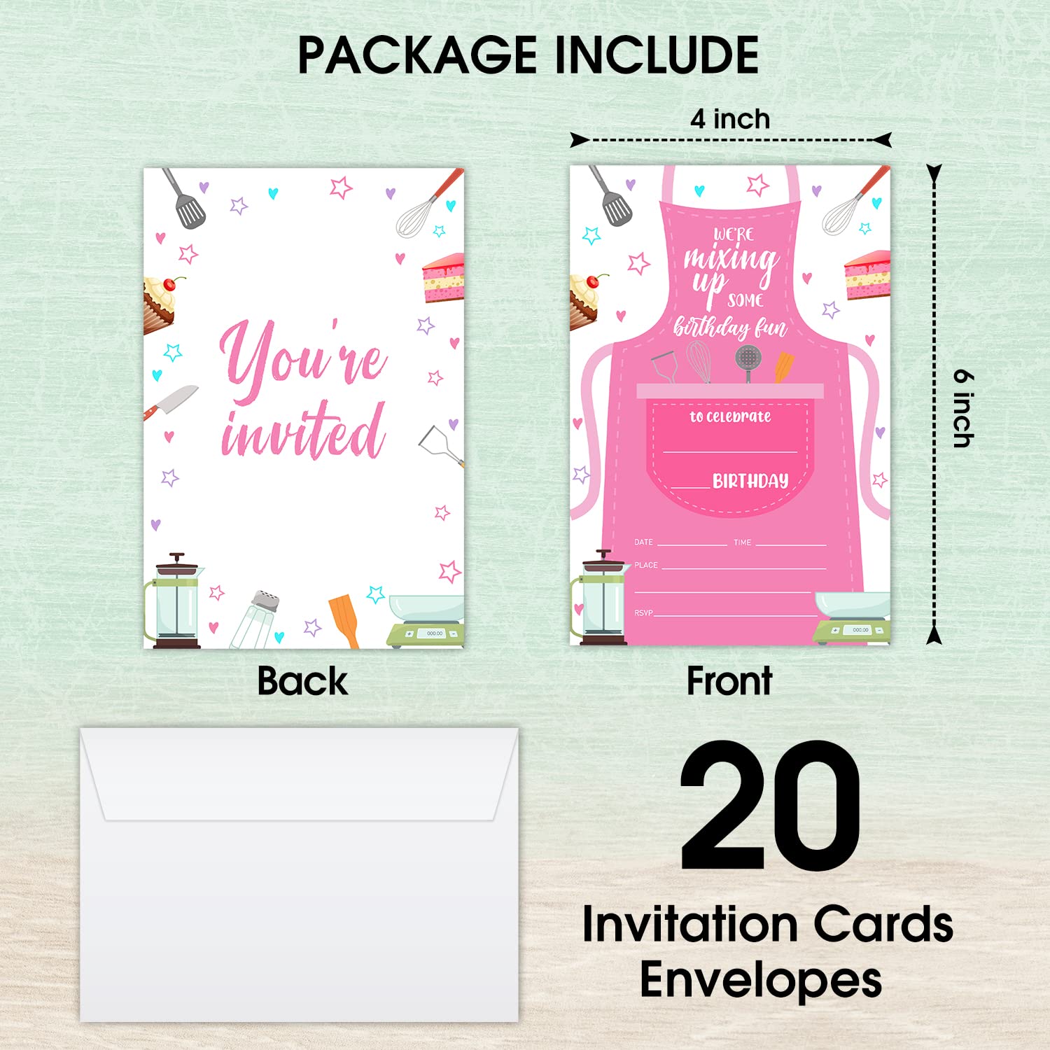 LWBEO Cooking Birthday Invitation Cards, Kitchen Baking Party Invites, Kids Happy Birthday Party Decorations Supplies, 20 Fill-in Cards with Envelopes for Boys or Girls Party Celebration - B28
