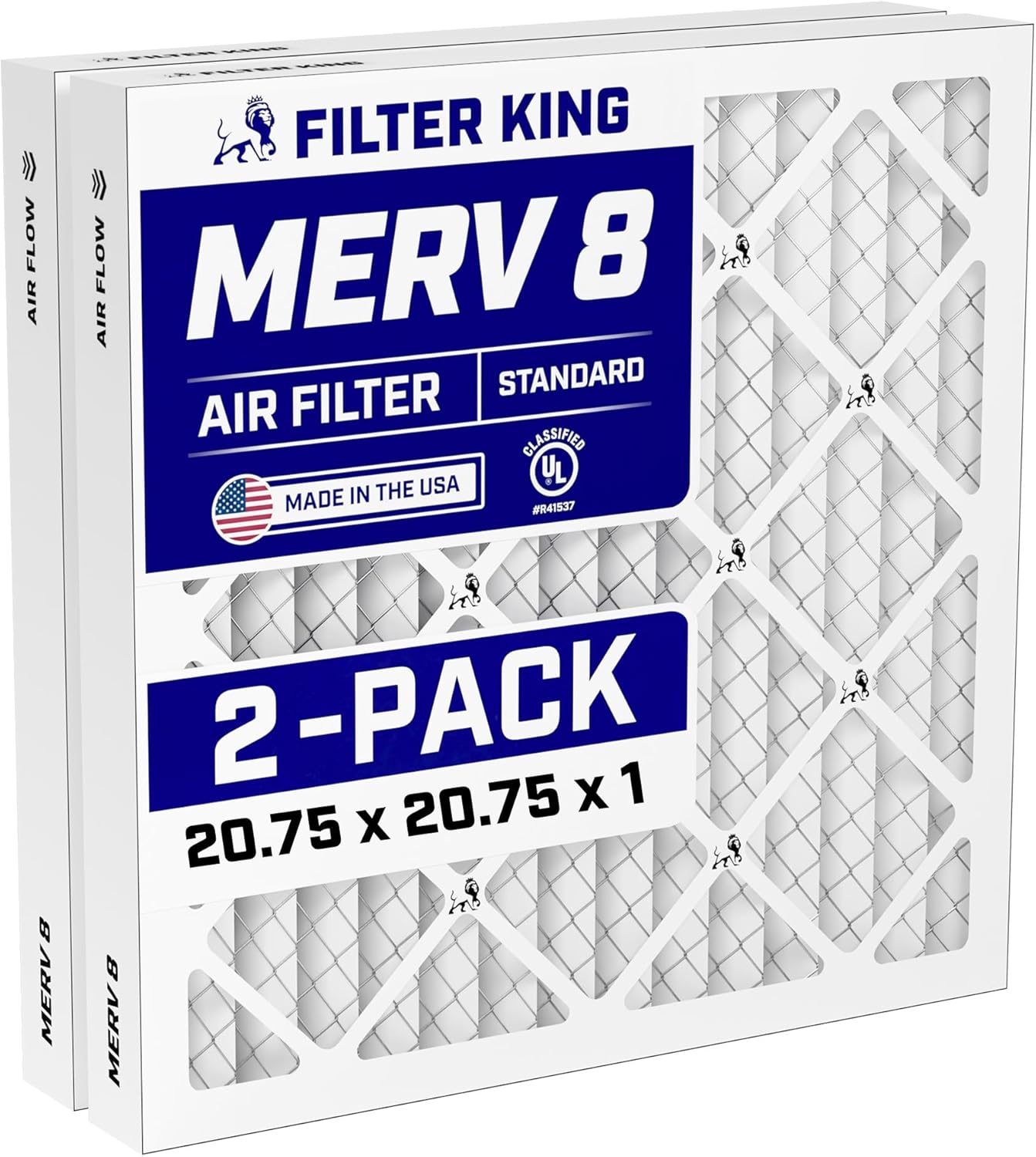Filter King 20.75x20.75x1 Air Filter (MERV 8) (2-Pack) Dust & Allergy Control AC Furnace Filters, MADE IN USA, HVAC, Pleated, Electrostatic (Actual Size: 20.75 x 20.75 x .75)
