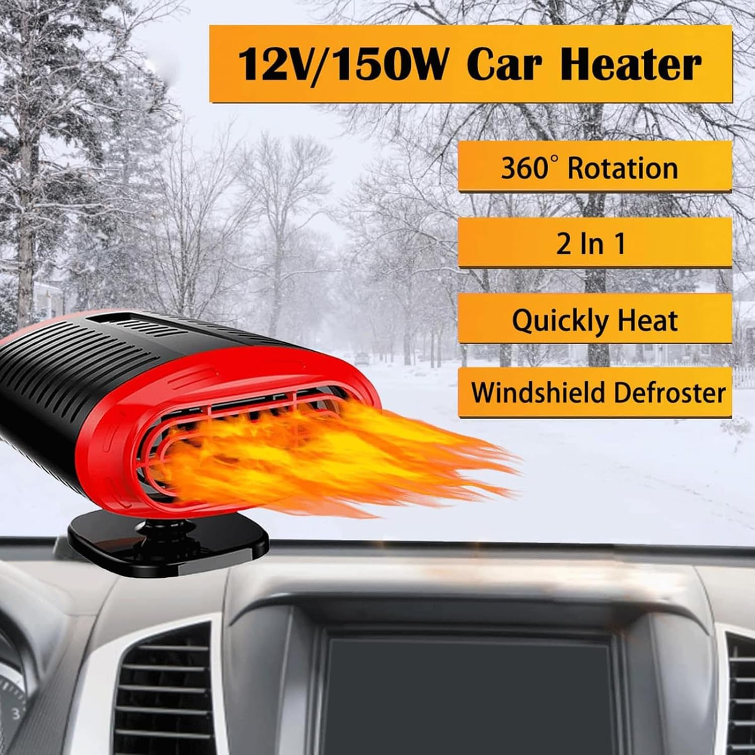 12V Portable Car Heater Fan That Plugs Into Cigarette Lighter 150W Windshield Heater Defroster, Car Heater Demister, Auto Cooler and Heater for Car, 180 Degree Rotary