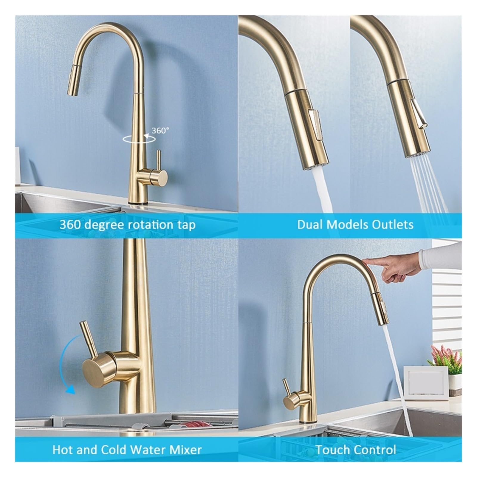 Grifos mezcladores de cocina, Grifo de cocina extraíble con sensor táctil y control táctil, acero inoxidable, multicolor(No Sen-white Color)
