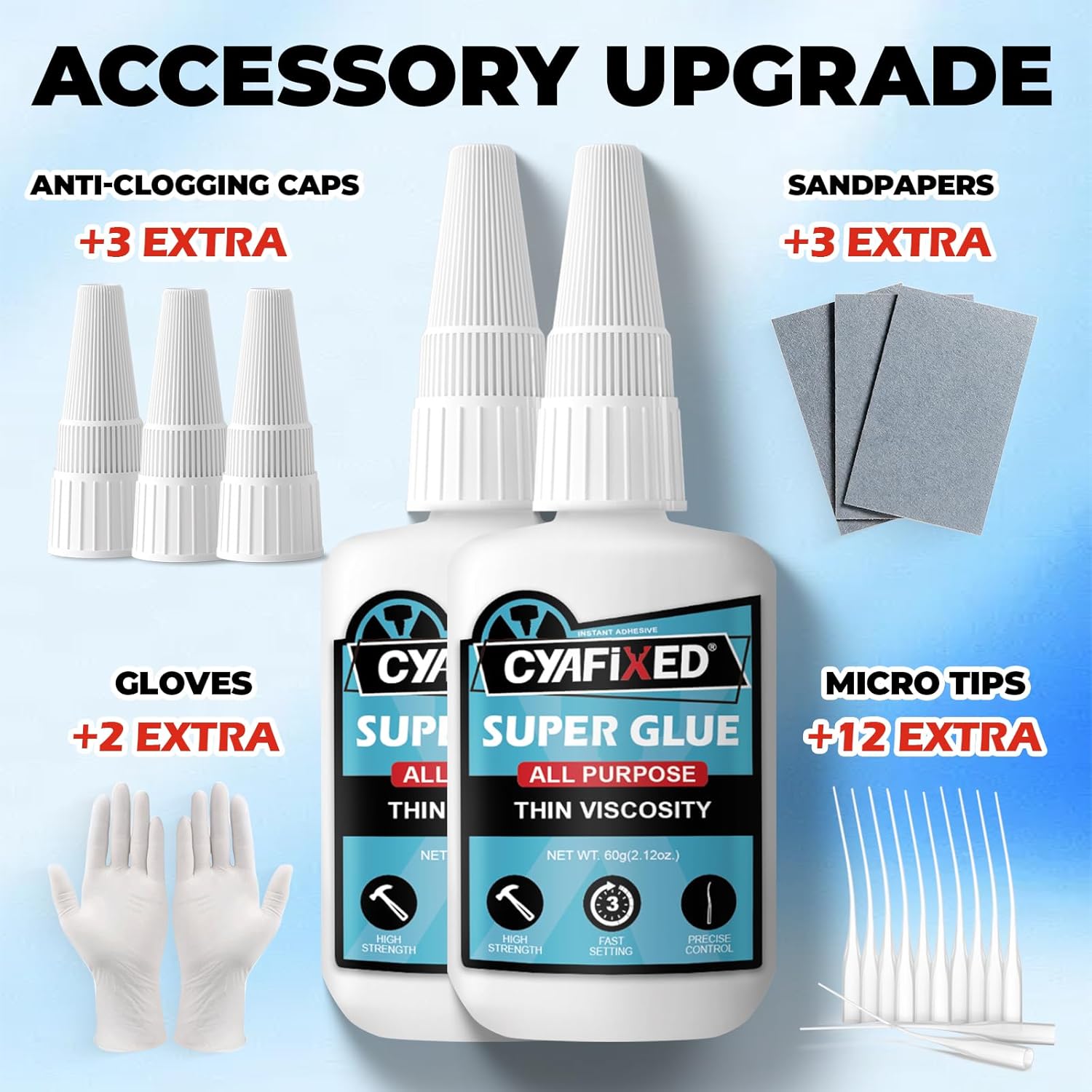 Super Fast Thin Glue 120 Gram, All Purpose Clear Liquid CA Glue Repair Wood Ceramic Glass Plastic, Heavy Duty Cyanoacrylate Adhesive for 3D Print PLA Shoe Metal, Strong Bond and Instant Superglue