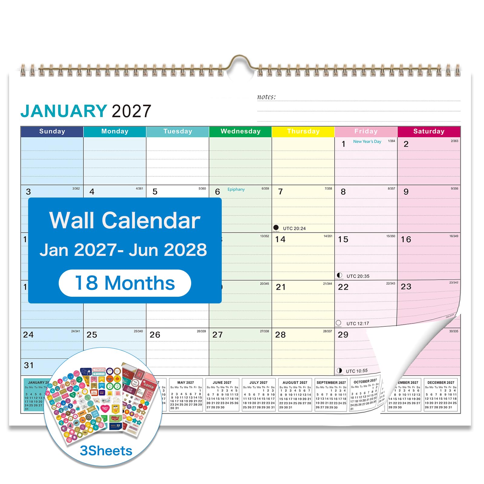 2027-2028 Wall Calendar, Calendar 2027-2028, 18 Month Calendar January 2027 - June 2028, 14" X 11", Calendar with Twin-Wire Binding, Hanging Hook and Julian Dates (Colorful)