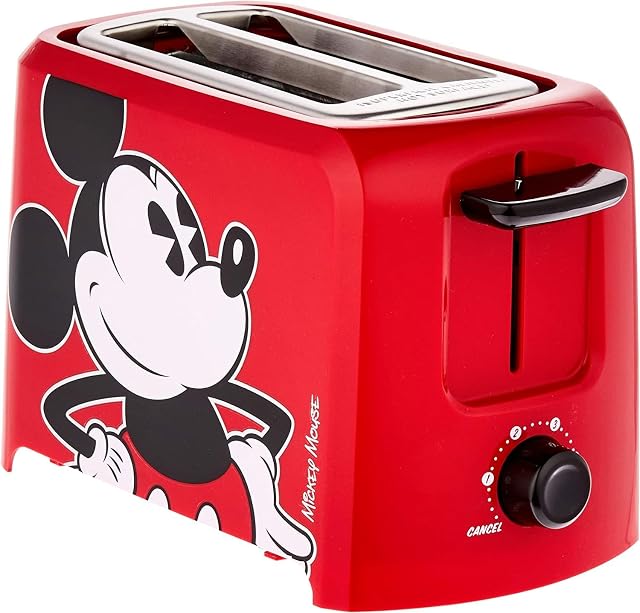 Disney Mickey Mouse 2-Slice Toaster by Select Brands - Mickey Mouse Toaster for Disney Kitchen Accessories - Features Crumb Tray & High Rise Toast Lift - Gift for Disney Lovers - Red