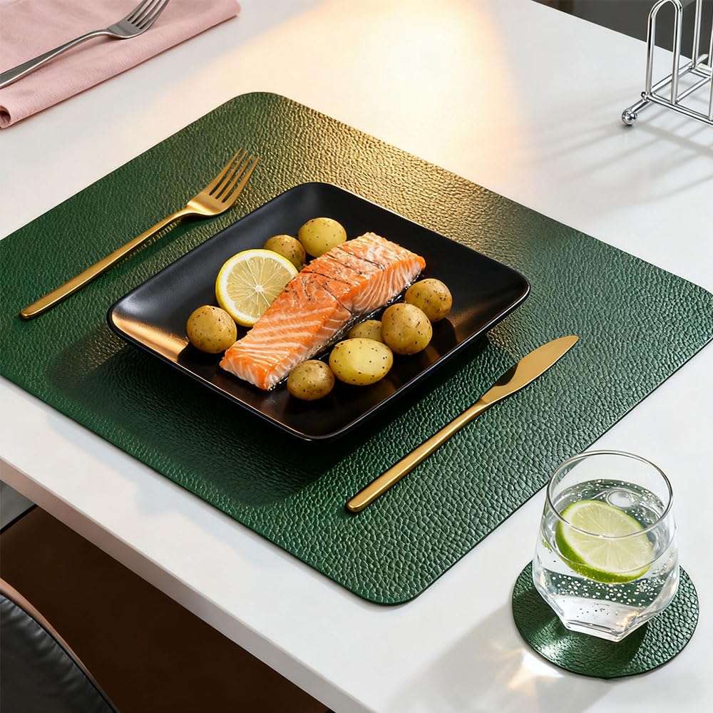Set di 6 tovagliette e sottobicchieri-Tavagliette resistenti al calore lavabili, tovagliette in pelle a doppia faccia con design antiscivolo per cucina, casa, ristorante,verde+grigio