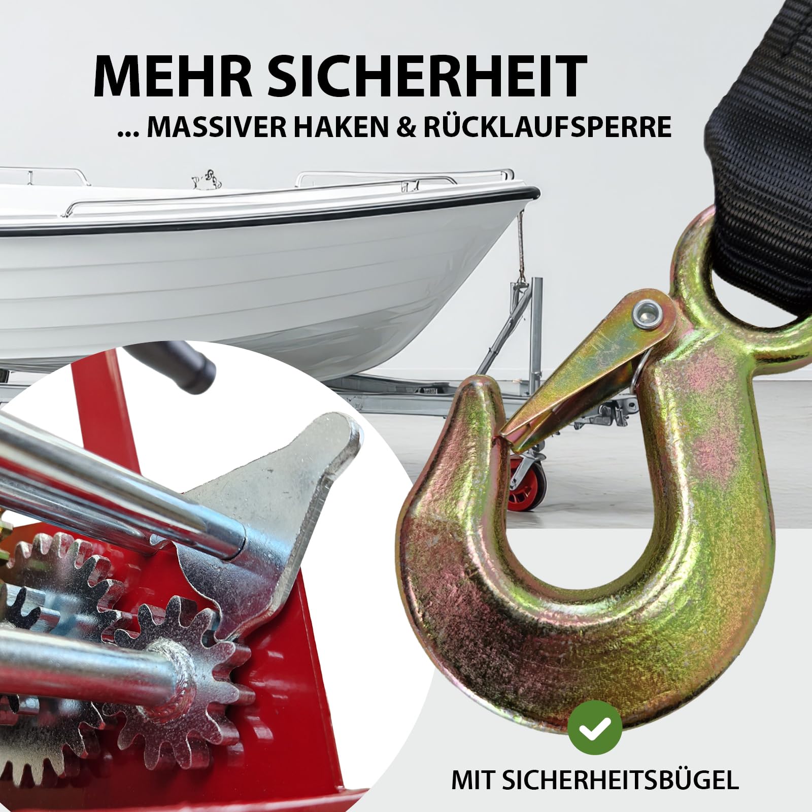 TRUTZHOLM Gurtwinde Zugkraft 1600 kg 3500 lbs Polyestergurt Gurtlänge 10 m Gurtbreite 5 cm Lasthaken mit Sicherheitsbügel Rücklaufsperre 23 cm Handkurbel ergonomisch Bootswinde Handwinde