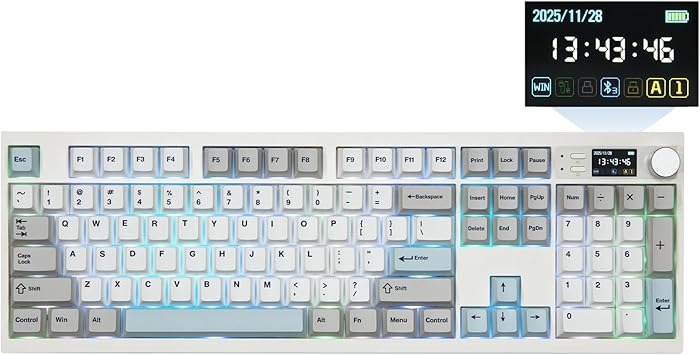 EPOMAKER QK108 Full Size Mechanical Keyboard with Screen & Knob, 8000mAh, QMK/VIA, Creamy&Thocky, Gasket, RGB Backlit, Mac Keycap, Wireless Gaming Keyboard White Cyan, Sea Salt Silent