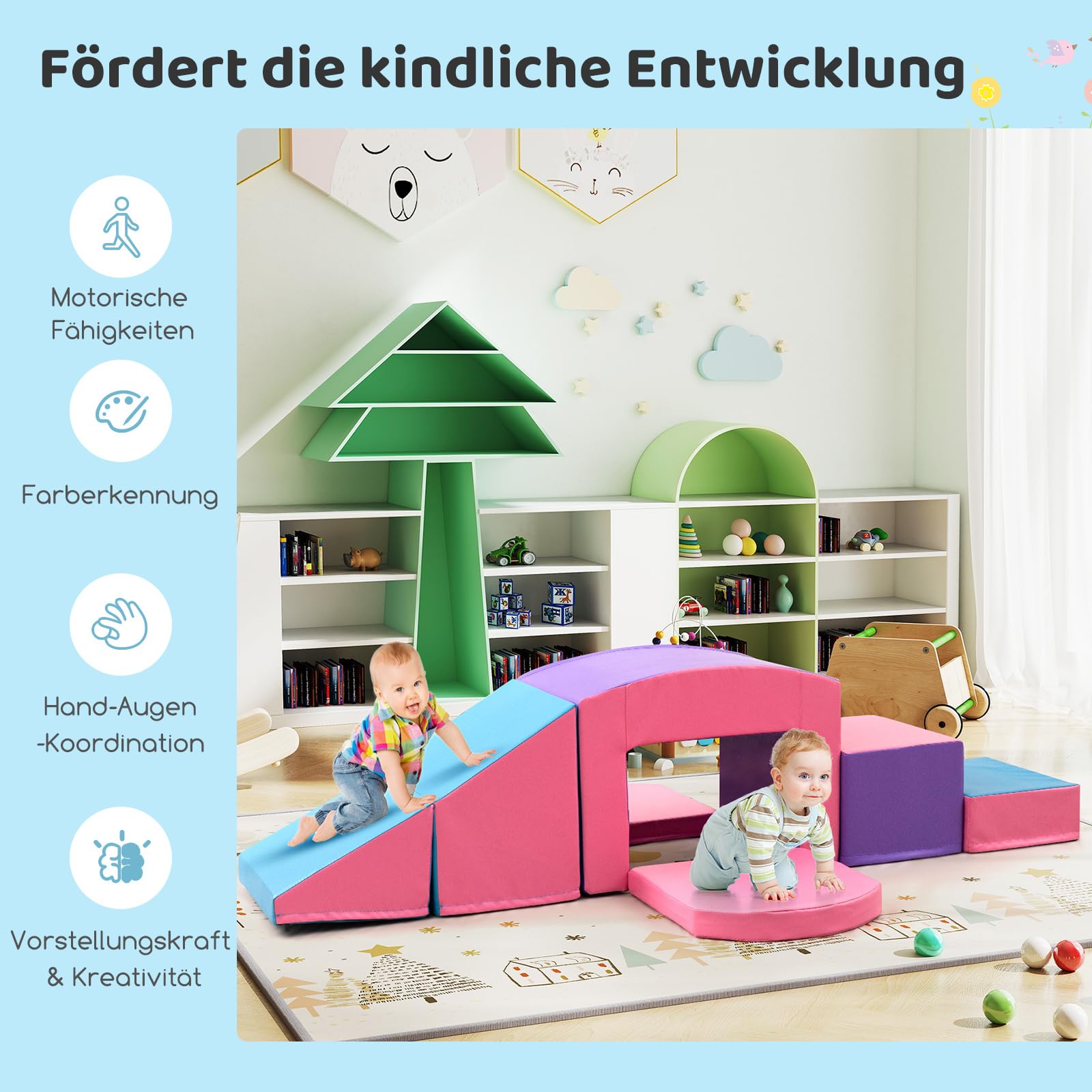 COSTWAY 7 TLG. Schaumstoffbausteine, Softbausteine mit Tunne, Treppe & Rampe, EN71-zertifiziert, Riesenbausteine zum Klettern & Toben, Großbausteine aus Schaumstoff Indoor für Kinder (Lila+Rosa)
