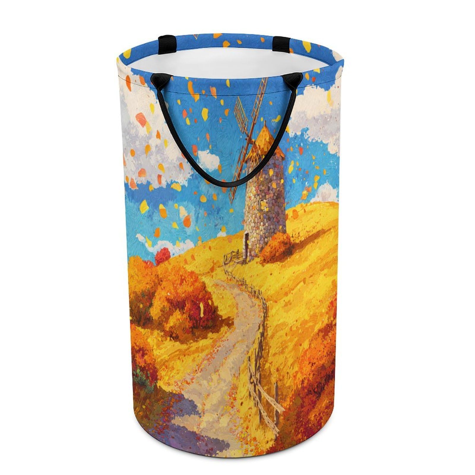 LUYYSKY Beautiful Western Fall Windmill Collapsible Dirty Clothes Basket, Rustic Realistic Farmhouse Barn Autumn Leaves Pattern Portable Clothes Storage Basket