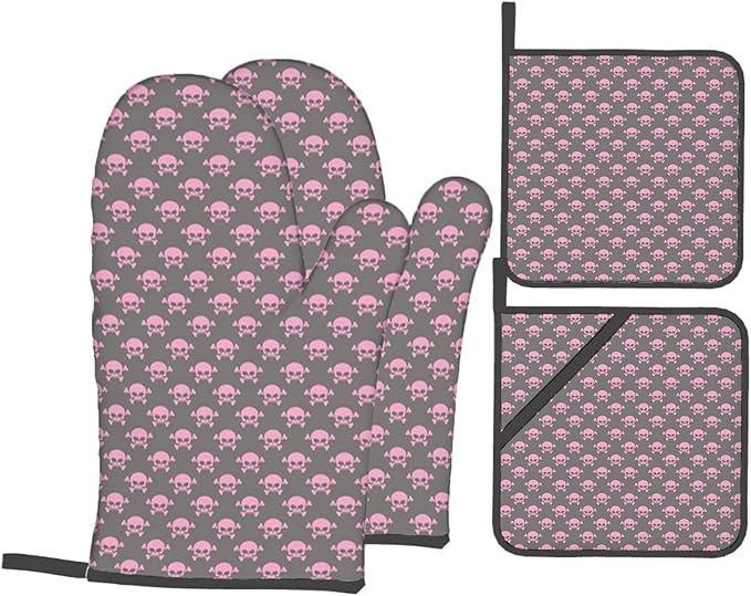 Halloween Themed Skull,Oven Mitts and Pot Holders Set,Head of A Skeleton,Heat Resistant Gloves for BBQ Baking Grilling,Housewarming Gift for New Home,Pink,4-Piece Set