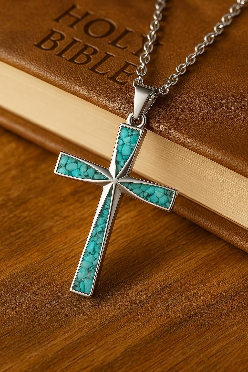 Stainless Steel Turquoise Cross Necklace for Men and Women – Faith Pendant Jewelry with Adjustable Chain, Gift Box Included - Image 5