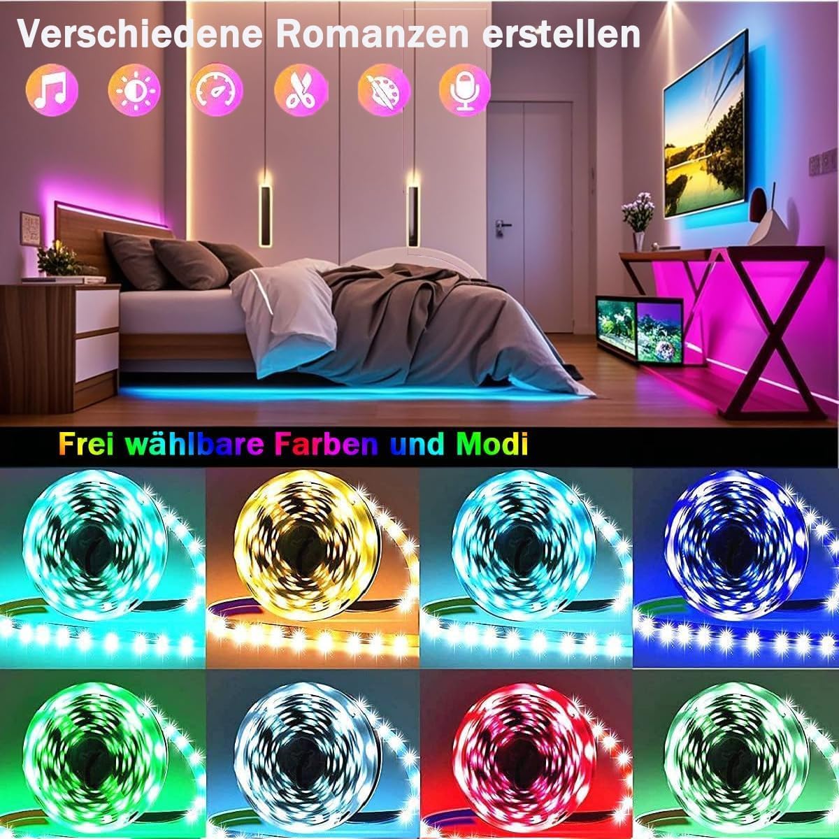 LED Lights for Bedroom with USB Powered, 32.8ft Bluetooth LED Light Strips,Smart App and Remote Control, IP65 Waterproof,RGBW Music Sync Rope Lights for Living Room, Bedroom, Party, Kitchen,TV