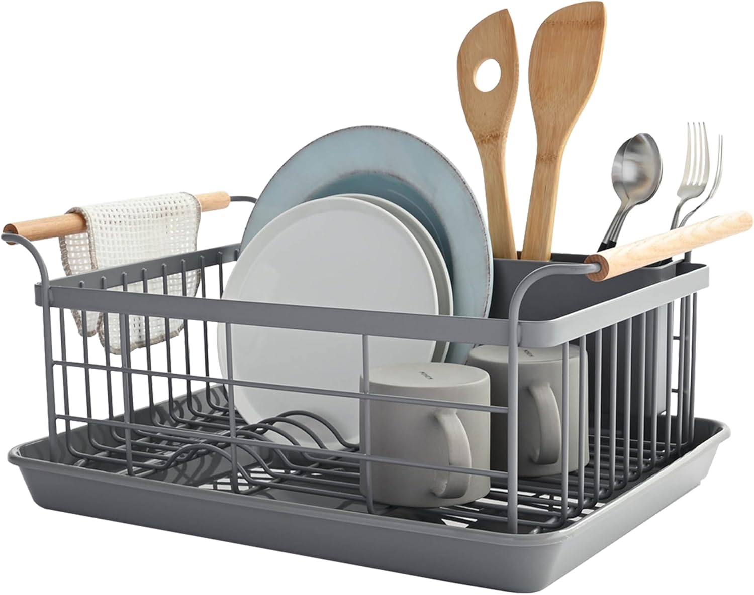 Yamazaki Home Sink Removeable Drainer Tray, Kitchen Drying Organizer Holder, One Size, White Steel + Wood | Dish Rack, Gray